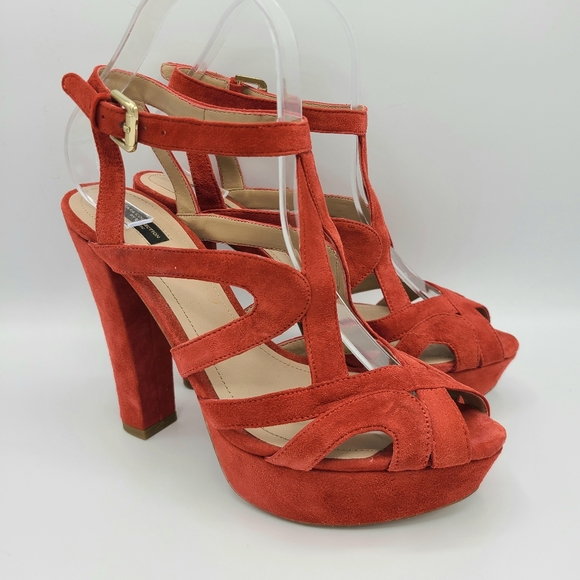 Zara Collection Red Suede Platform Strappy Heels Peep Toe Ankle Strap 8 39
